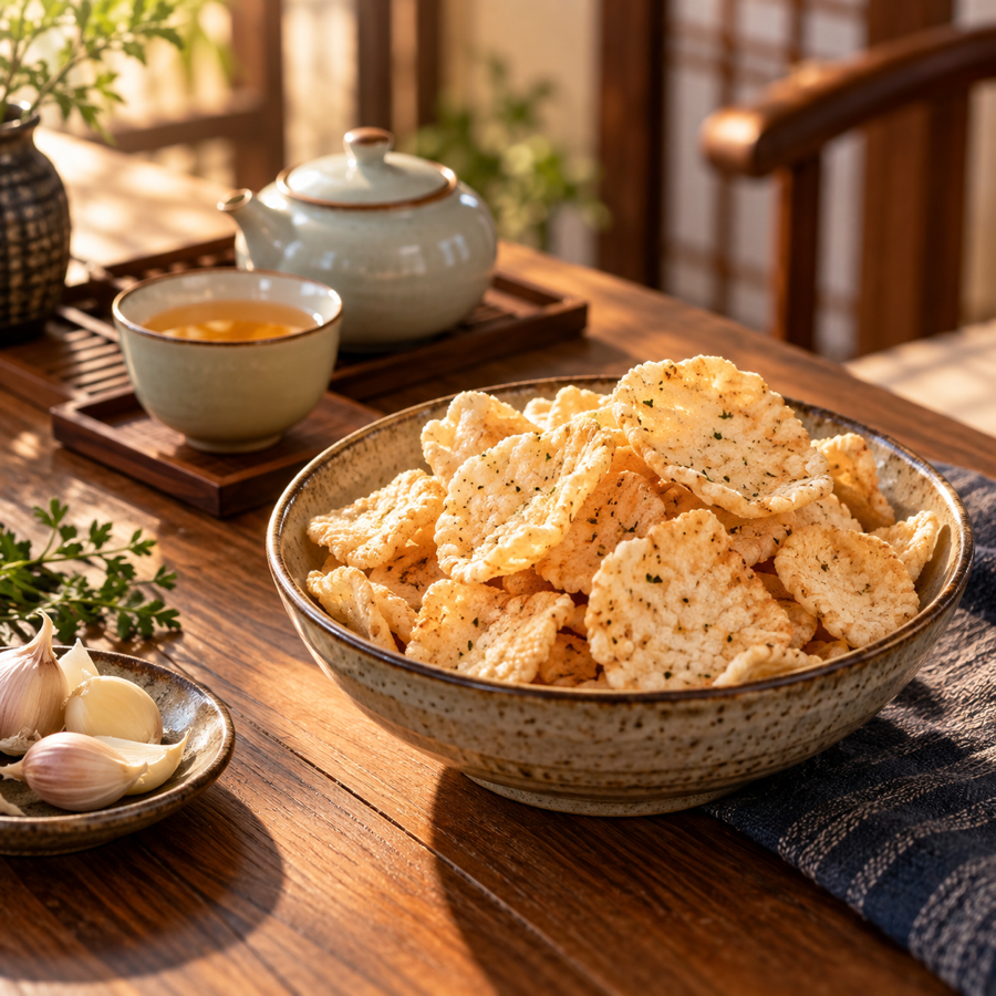 蒜味魚酥佐茶情境